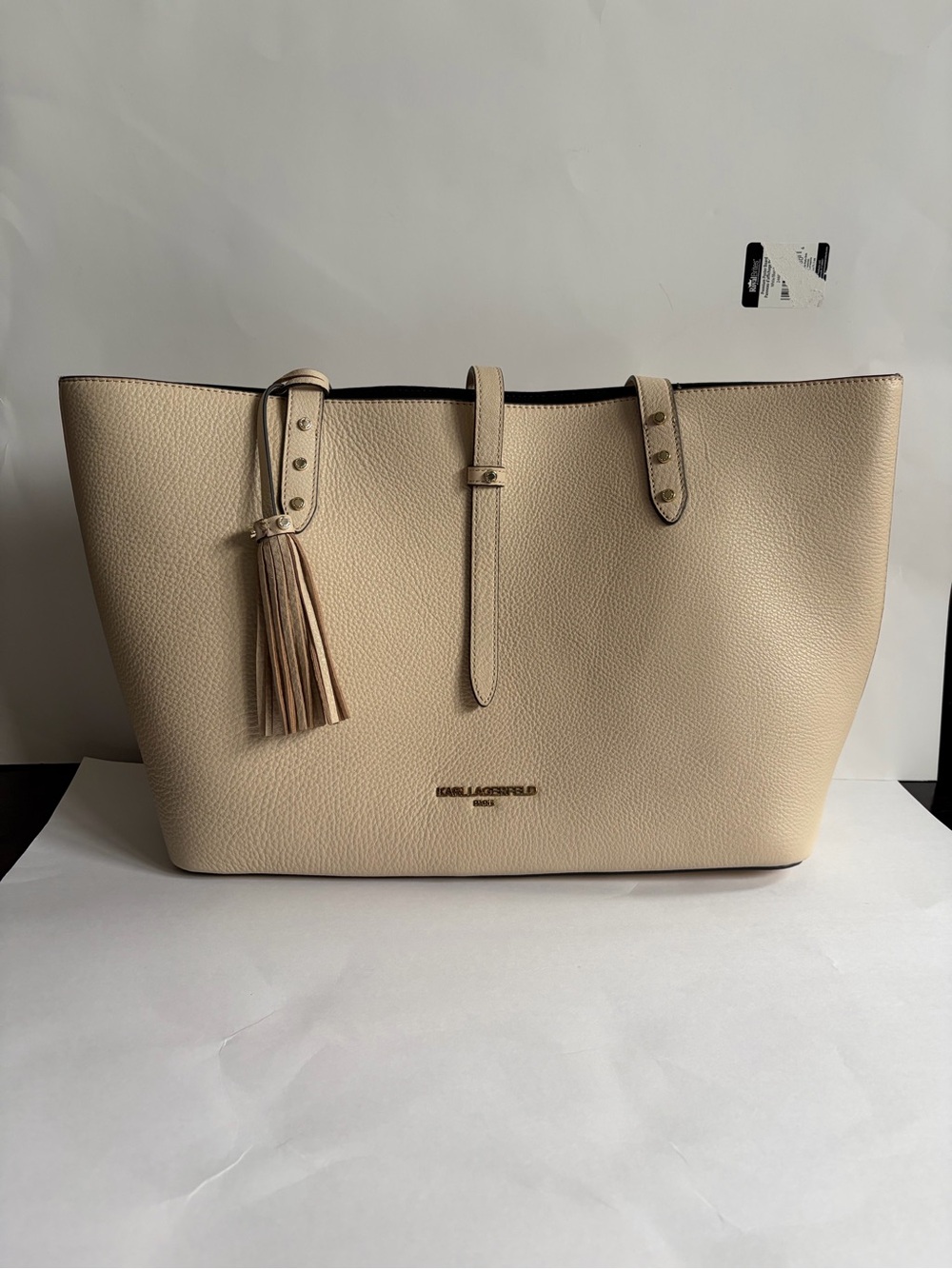 Karl Lagerfeld Beige Pebbled Leather Tote with Tassel Charm